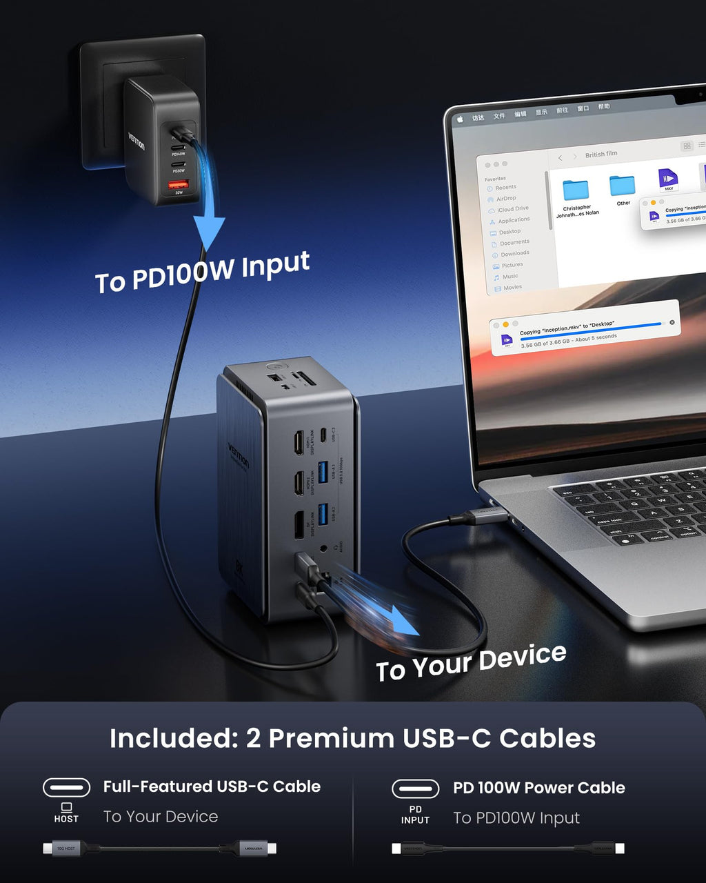 VENTION 13 in 1 Laptop Docking Station 3 Monitore, 8K 2*HDMI&1*DP, PD 100W,USB A & Type C Data Transfer Ports,SD/TF Kartenleser USB C Multiport Adapter, Kompatibel für MacBook Pro, Air/Dell/Lenovo/HP