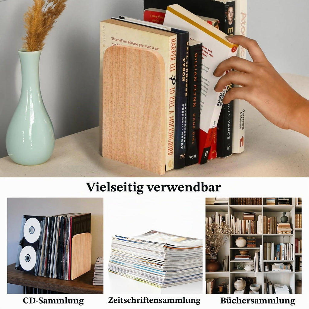 Buchstützen Holz 2 Stück (1 Paar) Buchenholz 17 x 12 x 10,5 cm - Bookends Buchstütze Holz Bücherstütze Bücherhalter DVD Regal für Zuhause, Büro und Schule