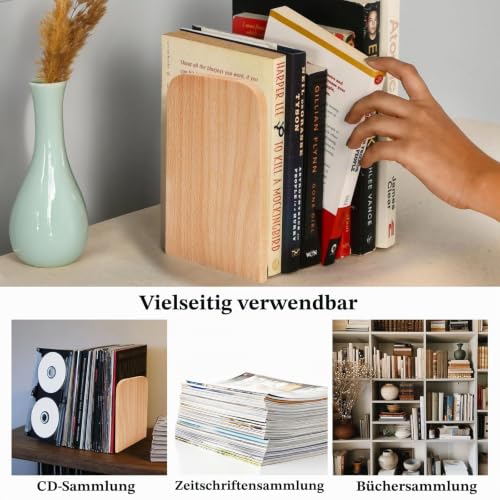 Buchstützen Holz 2 Stück (1 Paar) Buchenholz 17 x 12 x 10,5 cm - Bookends Buchstütze Holz Bücherstütze Bücherhalter DVD Regal für Zuhause, Büro und Schule