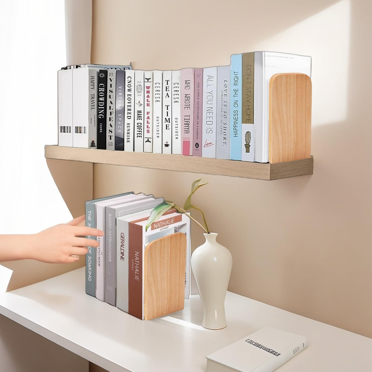 Buchstützen Holz 2 Stück (1 Paar) Buchenholz 17 x 12 x 10,5 cm - Bookends Buchstütze Holz Bücherstütze Bücherhalter DVD Regal für Zuhause, Büro und Schule