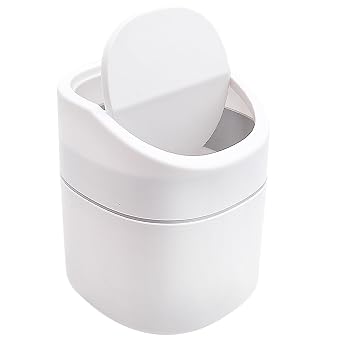 Tischmülleimer mit Deckel, Klein und Praktisch, Kunststoff Papierkorb für Wohnzimmer, Büro, Badezimmer und Schreibtisch, 2L Fassungsvermögen für Kosmetik, Taschentücher und Abfälle (Weiß)