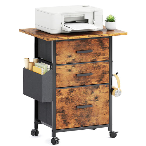 Rollcontainer, Aktenschrank, mit 3 Schubladen und Rollen, für Dokumente in DIN A4, Letter-Format, Druckerständer mit Einer Tischbreite von 56 cm, Industrie-Design, Vintagebraun