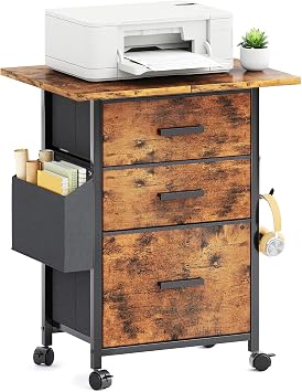 Rollcontainer, Aktenschrank, mit 3 Schubladen und Rollen, für Dokumente in DIN A4, Letter-Format, Druckerständer mit Einer Tischbreite von 56 cm, Industrie-Design, Vintagebraun