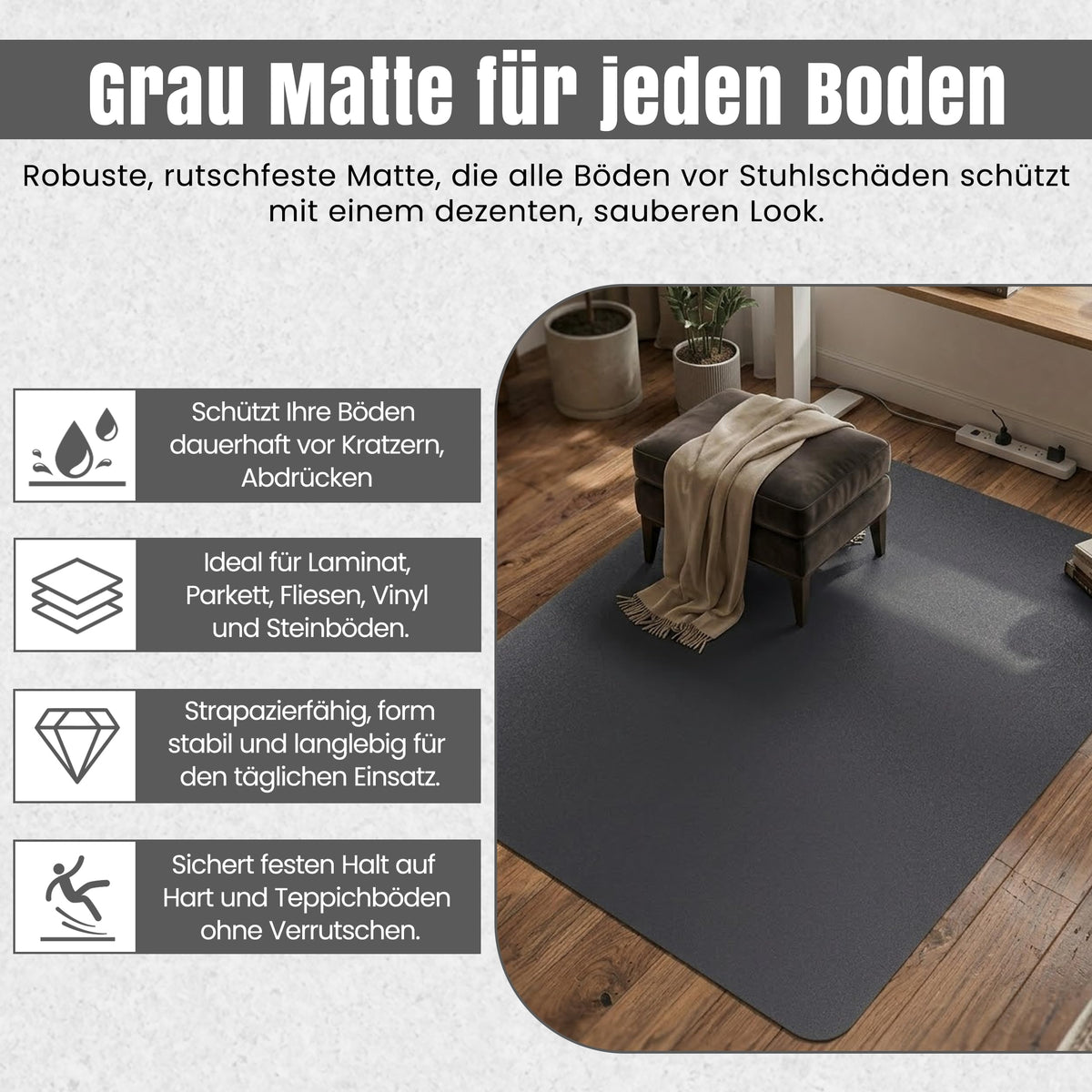 LP Projekt Bodenschutzmatte 74x120cm – rutschfeste und strapazierfähige Bürostuhlmatte für Hartböden und Teppich | Grau Bodenschutzmatte für Zuhause & Büro | Erhältlich in verschiedenen Größen