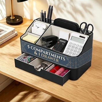 BADCRIS Schreibtisch Organizer mit Schublade & 5 Fächern PU Leder Schwarz