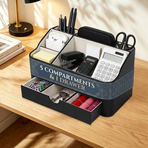 BADCRIS Schreibtisch Organizer mit Schublade & 5 Fächern PU Leder Schwarz