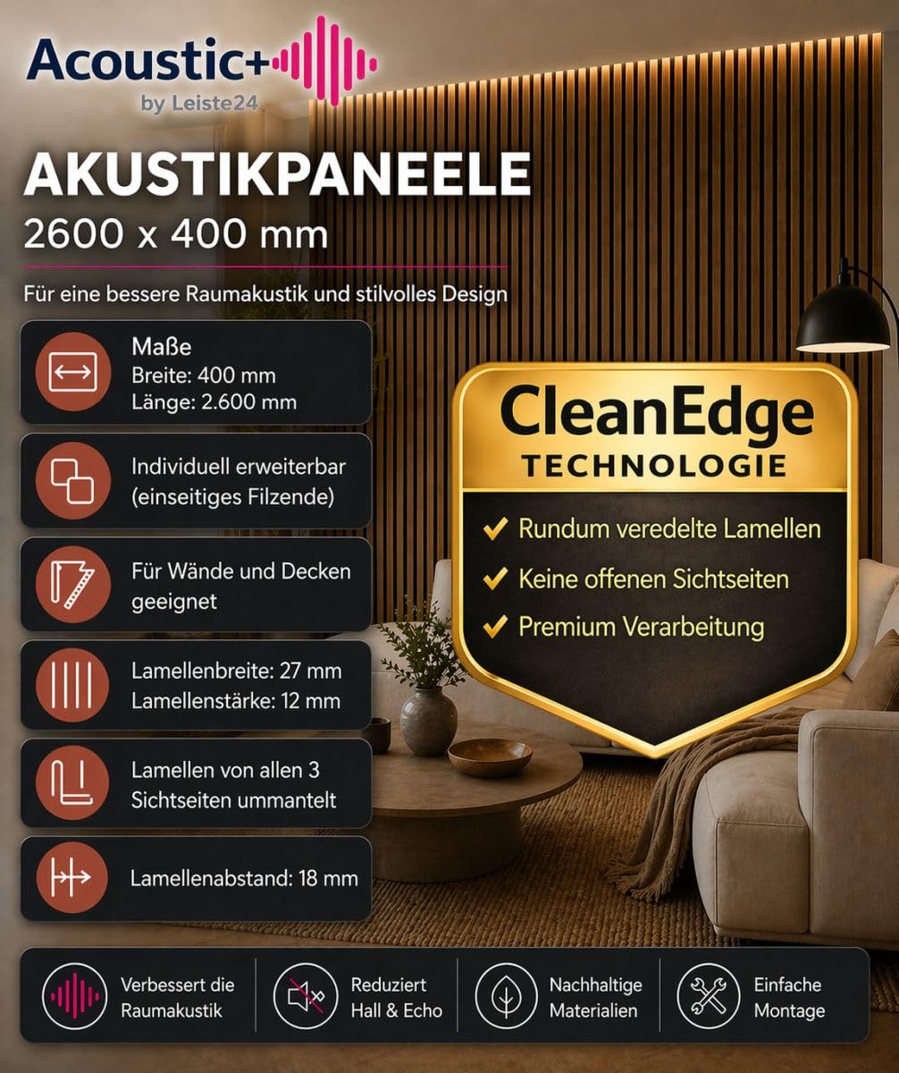 Leiste24 Akustikpaneel 2600 x 400 mm Schwarz Eiche Natur