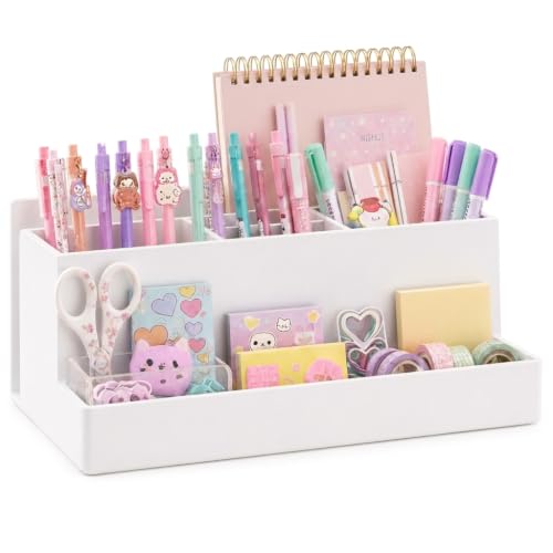 Acrimet Büro Organizer mit 6 Fächern, Schreibtisch Organizer für Stifte, Bürobedarf, Schreibwaren und Zubehör, Kunststoff, Weiß