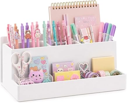 Acrimet Büro Organizer mit 6 Fächern, Schreibtisch Organizer für Stifte, Bürobedarf, Schreibwaren und Zubehör, Kunststoff, Weiß