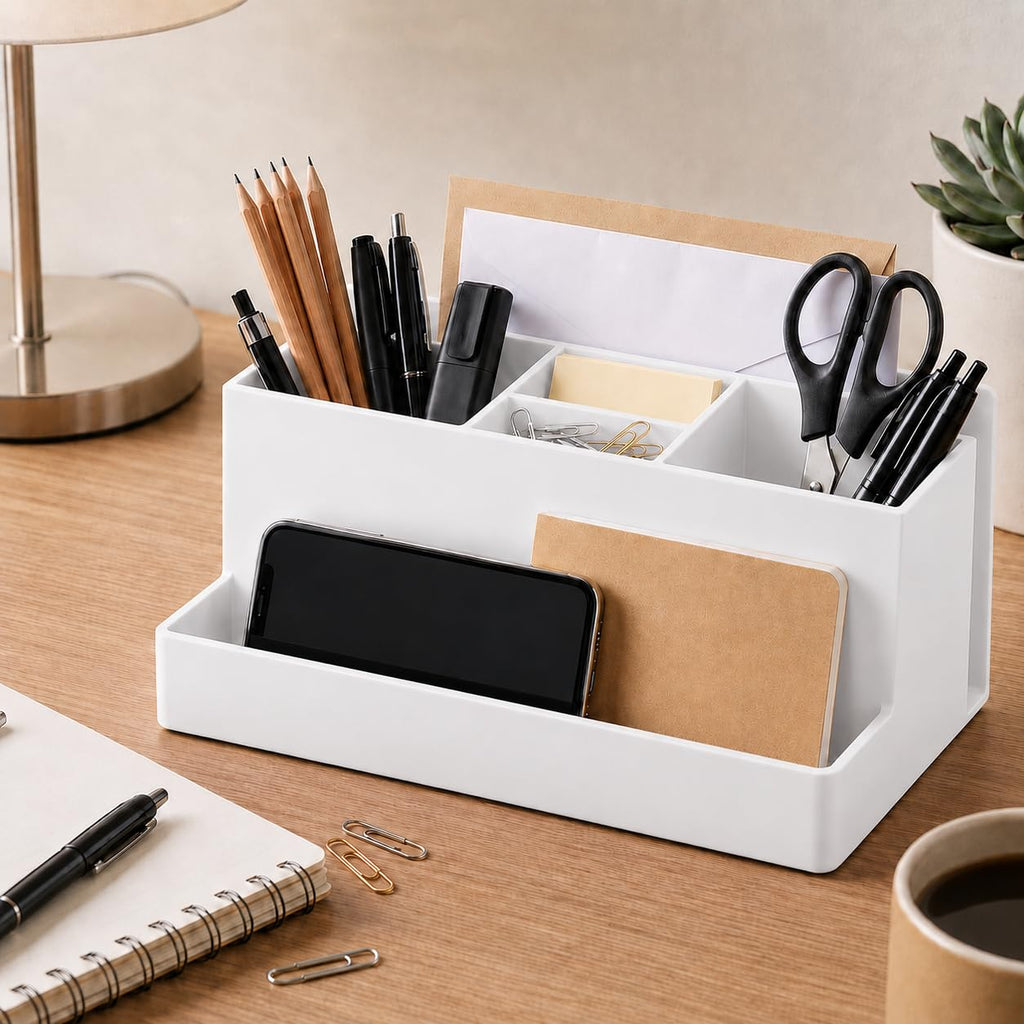 Acrimet Büro Organizer mit 6 Fächern, Schreibtisch Organizer für Stifte, Bürobedarf, Schreibwaren und Zubehör, Kunststoff, Weiß