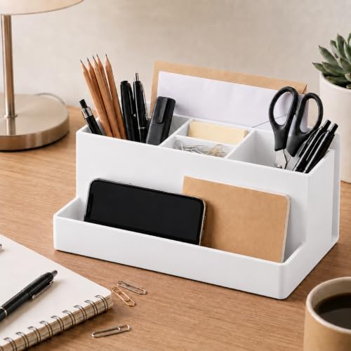 Acrimet Büro Organizer mit 6 Fächern, Schreibtisch Organizer für Stifte, Bürobedarf, Schreibwaren und Zubehör, Kunststoff, Weiß
