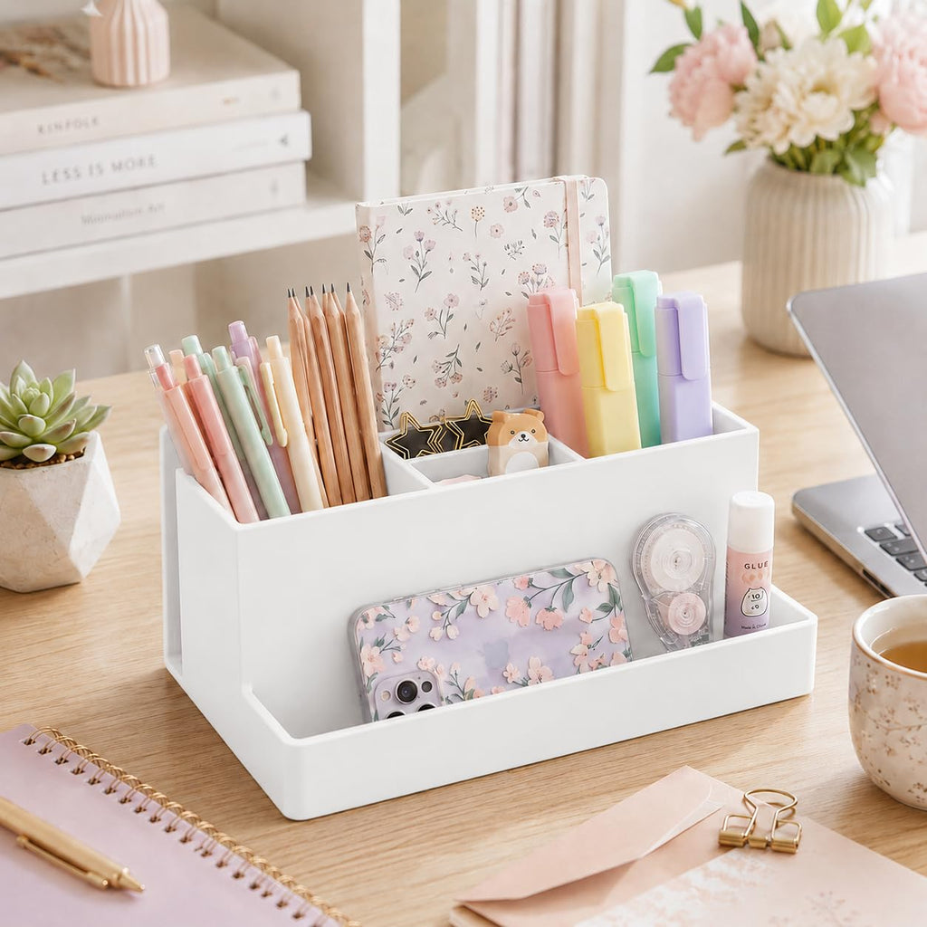 Acrimet Büro Organizer mit 6 Fächern, Schreibtisch Organizer für Stifte, Bürobedarf, Schreibwaren und Zubehör, Kunststoff, Weiß