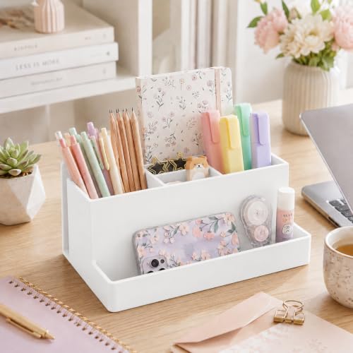 Acrimet Büro Organizer mit 6 Fächern, Schreibtisch Organizer für Stifte, Bürobedarf, Schreibwaren und Zubehör, Kunststoff, Weiß