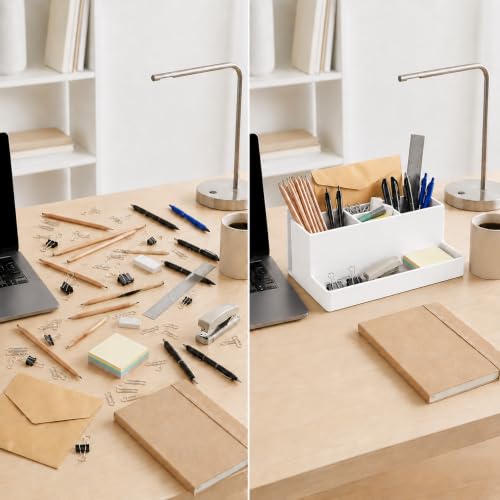 Acrimet Büro Organizer mit 6 Fächern, Schreibtisch Organizer für Stifte, Bürobedarf, Schreibwaren und Zubehör, Kunststoff, Weiß