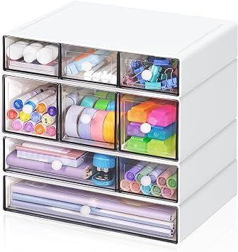 Desk Aufbewahrungsbox mit 9 Schubladen, ToyaJeco 4 Lagen Stapelbare Desktop Craft Storage-Schubladen, Klare Aufbewahrungsbox Caddy für Schreibwaren Make-up Schmuck Büro Craft Supplies (Weiß)