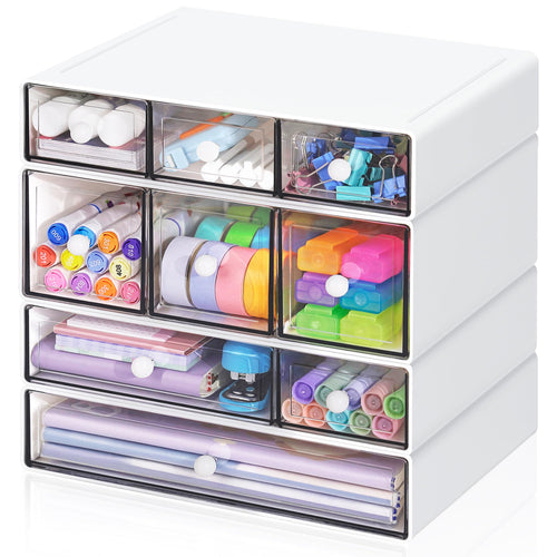 Desk Aufbewahrungsbox mit 9 Schubladen, ToyaJeco 4 Lagen Stapelbare Desktop Craft Storage-Schubladen, Klare Aufbewahrungsbox Caddy für Schreibwaren Make-up Schmuck Büro Craft Supplies (Weiß)