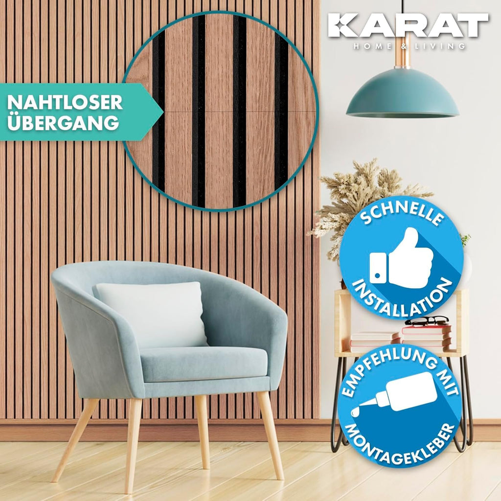 KARAT Akustikpaneele - Wandpaneele mit Echtholzfurnier für eine angenehme Raumakustik - Lamellenwand Holz und Filz - Wandverkleidung als Schallschutz, Schalldämmung (Red Oak, 118 x 60 cm)