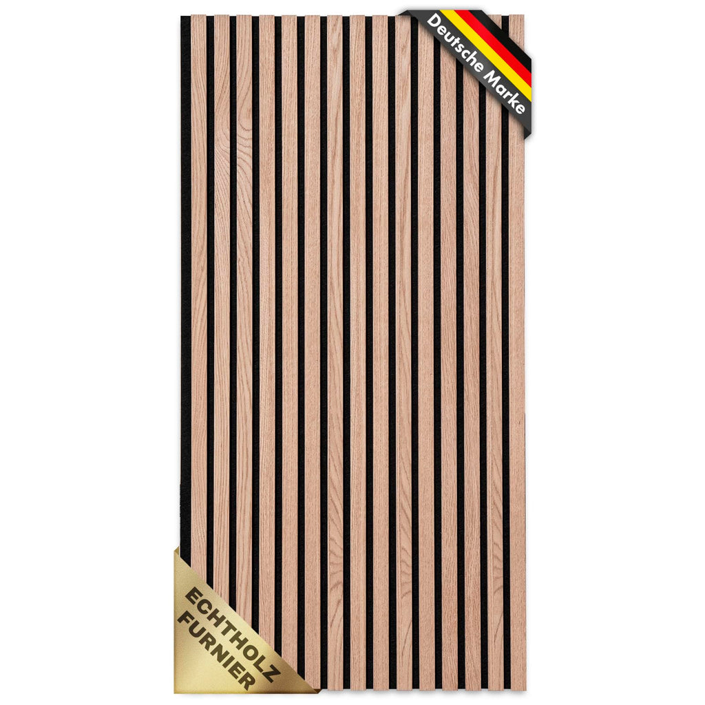 KARAT Akustikpaneele - Wandpaneele mit Echtholzfurnier für eine angenehme Raumakustik - Lamellenwand Holz und Filz - Wandverkleidung als Schallschutz, Schalldämmung (Red Oak, 118 x 60 cm)