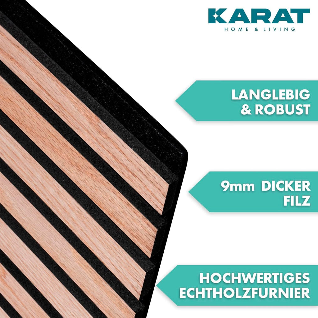 KARAT Akustikpaneele - Wandpaneele mit Echtholzfurnier für eine angenehme Raumakustik - Lamellenwand Holz und Filz - Wandverkleidung als Schallschutz, Schalldämmung (Red Oak, 118 x 60 cm)