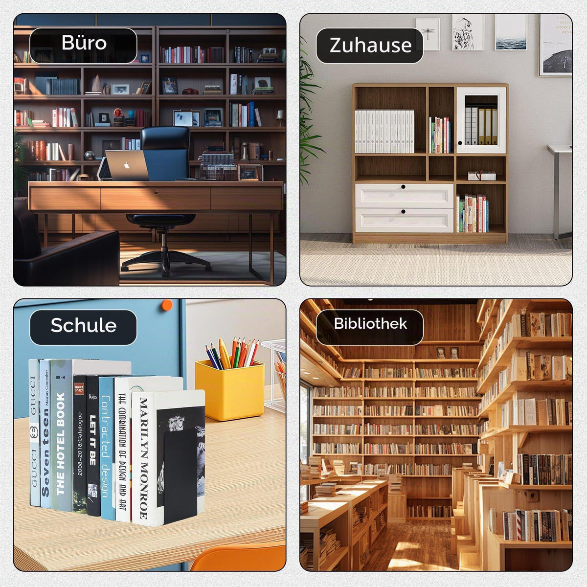 6 Stück Buchstützen Metall Schwarz,mit 24 Stück Robuste rutschfesten Silikonmatten,Perfekt für Schule, Büro, Zuhause und Bibliothek, 15 x 15 x 10 cm