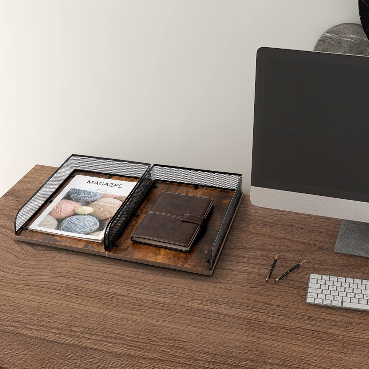 Briefablage aus Holz und Metall, Vintage-Design, Schreibtisch-Organizer, Papierablage, Büro-Akten-Organizer (schwarz)