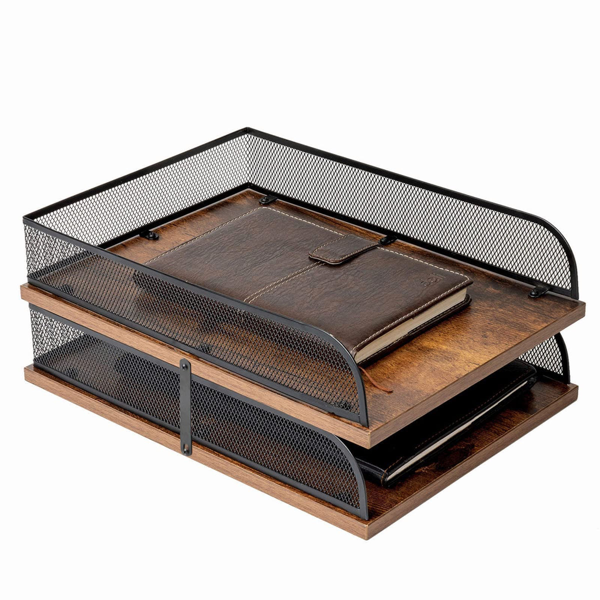 Briefablage aus Holz und Metall, Vintage-Design, Schreibtisch-Organizer, Papierablage, Büro-Akten-Organizer (schwarz)