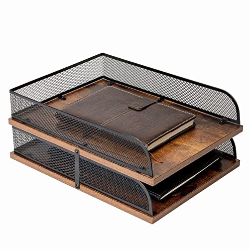 Briefablage aus Holz und Metall, Vintage-Design, Schreibtisch-Organizer, Papierablage, Büro-Akten-Organizer (schwarz)