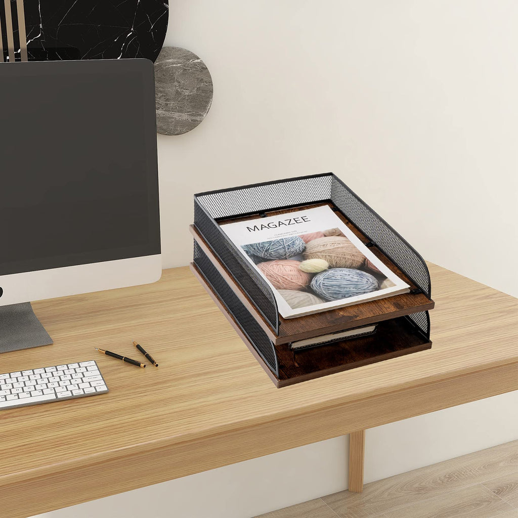 Briefablage aus Holz und Metall, Vintage-Design, Schreibtisch-Organizer, Papierablage, Büro-Akten-Organizer (schwarz)