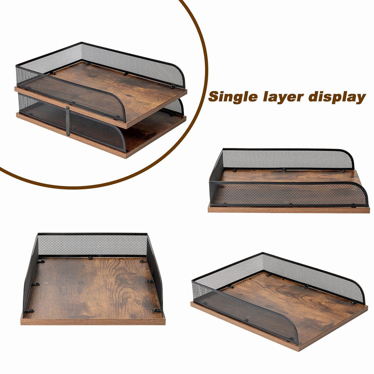 Briefablage aus Holz und Metall, Vintage-Design, Schreibtisch-Organizer, Papierablage, Büro-Akten-Organizer (schwarz)