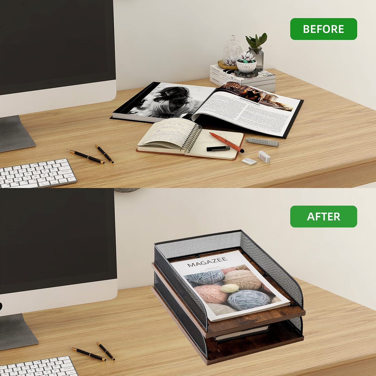 Briefablage aus Holz und Metall, Vintage-Design, Schreibtisch-Organizer, Papierablage, Büro-Akten-Organizer (schwarz)