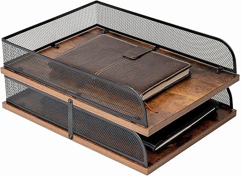 Briefablage aus Holz und Metall, Vintage-Design, Schreibtisch-Organizer, Papierablage, Büro-Akten-Organizer (schwarz)