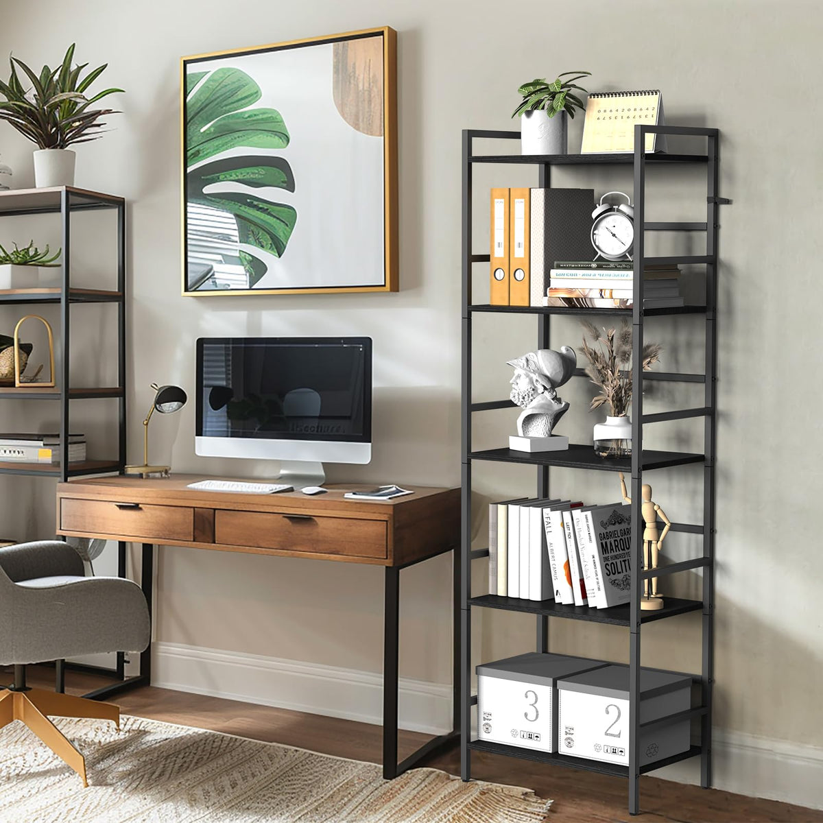 CADUKE 5-stufig Bücherregal, Großes Schwarzes Standregal, Holzregal mit Metallrahmen, Offenes Aufbewahrungsregal im Industrie-Stil für Wohnzimmer, Schlafzimmer, Büro, 43 x 28 x 134 cm