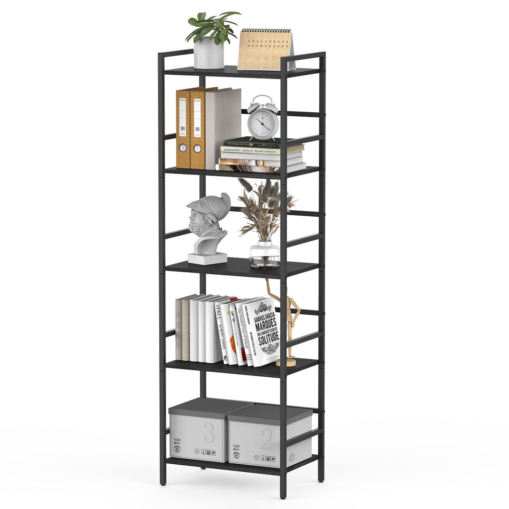 CADUKE 5-stufig Bücherregal, Großes Schwarzes Standregal, Holzregal mit Metallrahmen, Offenes Aufbewahrungsregal im Industrie-Stil für Wohnzimmer, Schlafzimmer, Büro, 43 x 28 x 134 cm