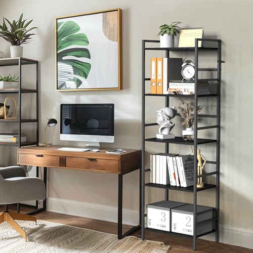 CADUKE 5-stufig Bücherregal, Großes Schwarzes Standregal, Holzregal mit Metallrahmen, Offenes Aufbewahrungsregal im Industrie-Stil für Wohnzimmer, Schlafzimmer, Büro, 43 x 28 x 134 cm