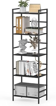 CADUKE 5-stufig Bücherregal, Großes Schwarzes Standregal, Holzregal mit Metallrahmen, Offenes Aufbewahrungsregal im Industrie-Stil für Wohnzimmer, Schlafzimmer, Büro, 43 x 28 x 134 cm