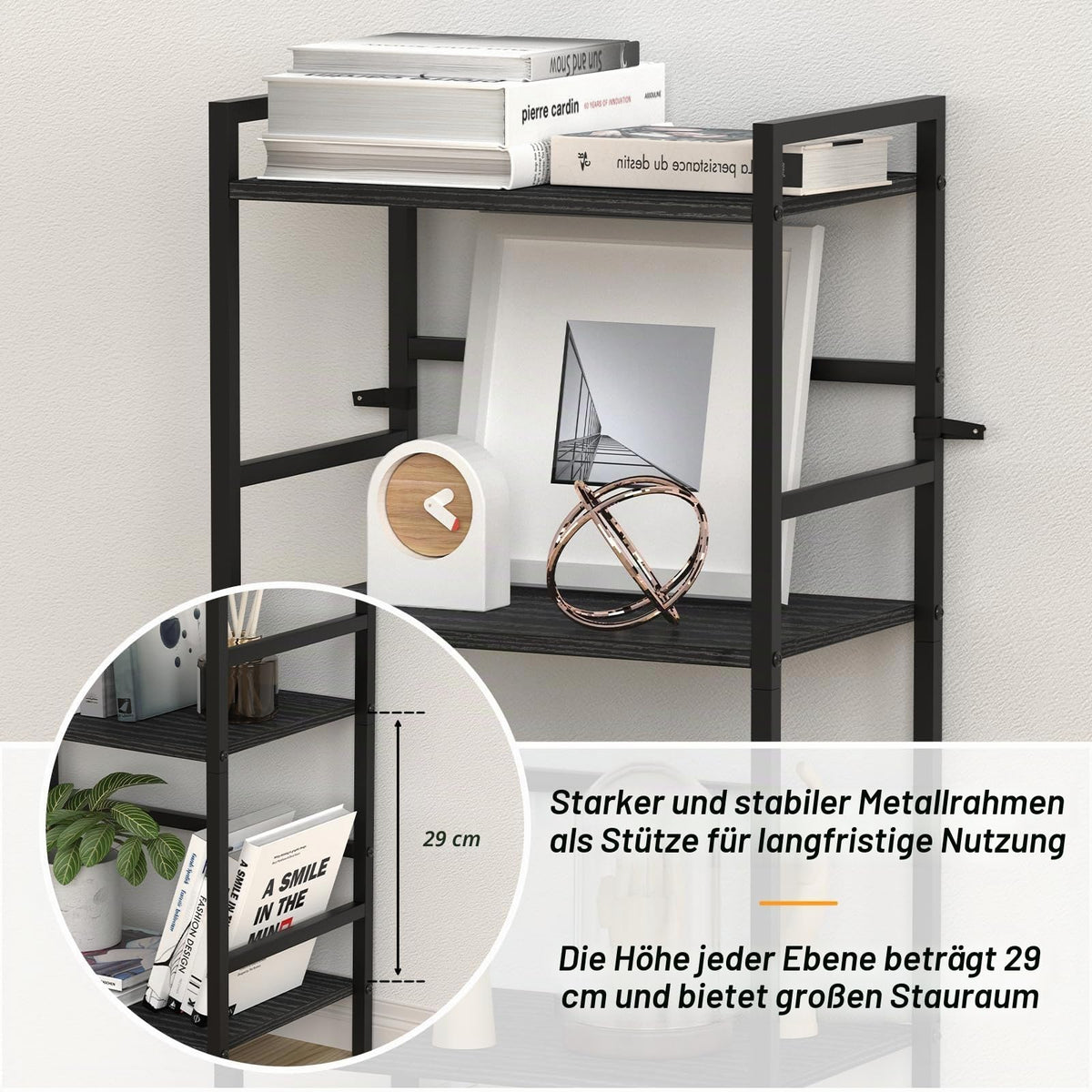 CADUKE 5-stufig Bücherregal, Großes Schwarzes Standregal, Holzregal mit Metallrahmen, Offenes Aufbewahrungsregal im Industrie-Stil für Wohnzimmer, Schlafzimmer, Büro, 43 x 28 x 134 cm