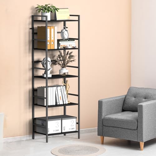 CADUKE 5-stufig Bücherregal, Großes Schwarzes Standregal, Holzregal mit Metallrahmen, Offenes Aufbewahrungsregal im Industrie-Stil für Wohnzimmer, Schlafzimmer, Büro, 43 x 28 x 134 cm