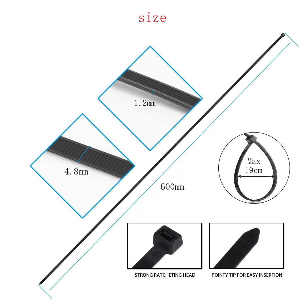 Extra große Kabelbinder, hochbelastbar für den Außenbereich, 600 mm x 4,8 mm, 22 kg Zugfestigkeit, 50 Stück, Schwarz