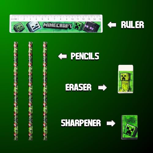 Minecraft Schreibtisch-Organizer für Jungen, Schreibwarenset Inklusive Radiergummi, Lineal, Anspitzer und Bleistiften, Geschenk für Kinder