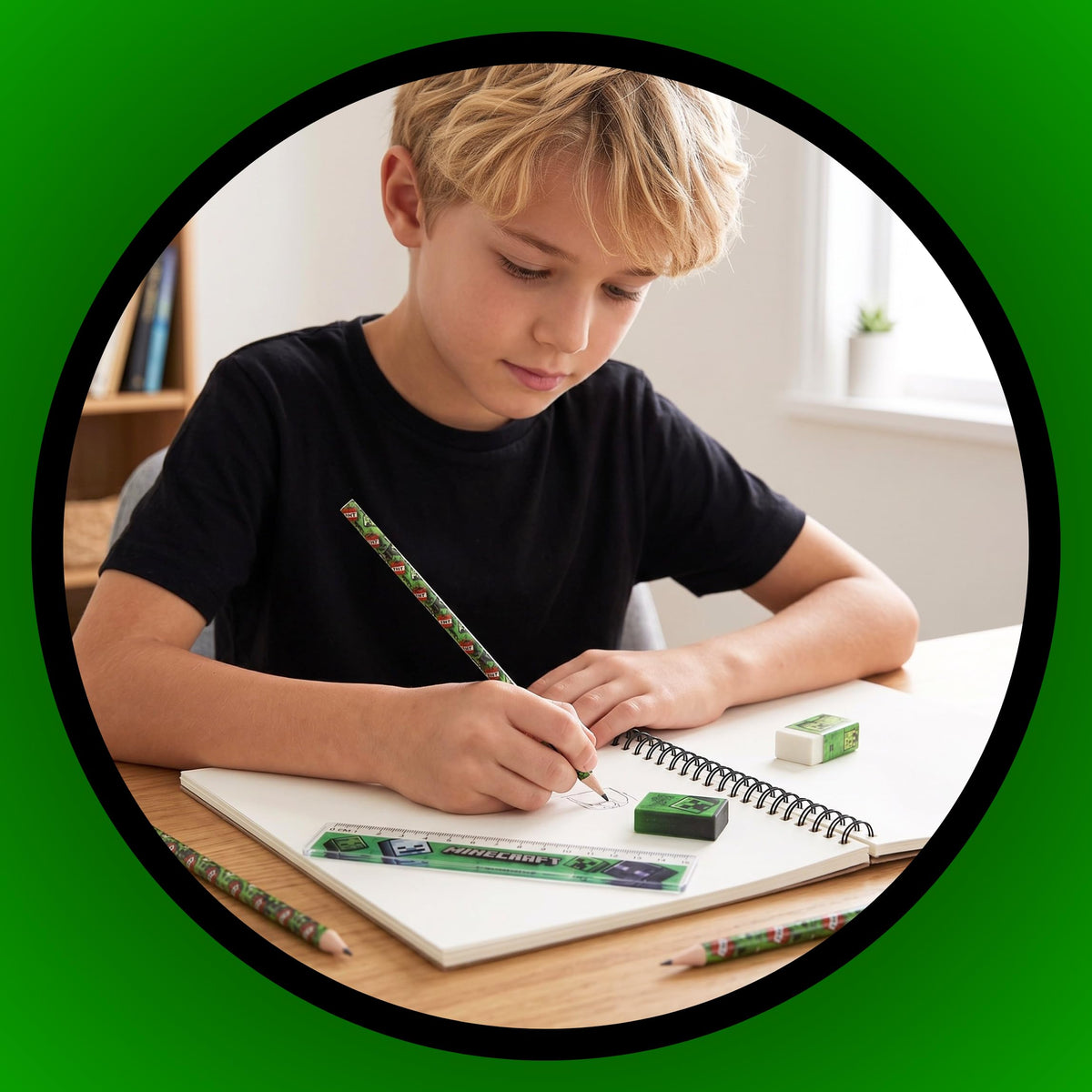Minecraft Schreibtisch-Organizer für Jungen, Schreibwarenset Inklusive Radiergummi, Lineal, Anspitzer und Bleistiften, Geschenk für Kinder