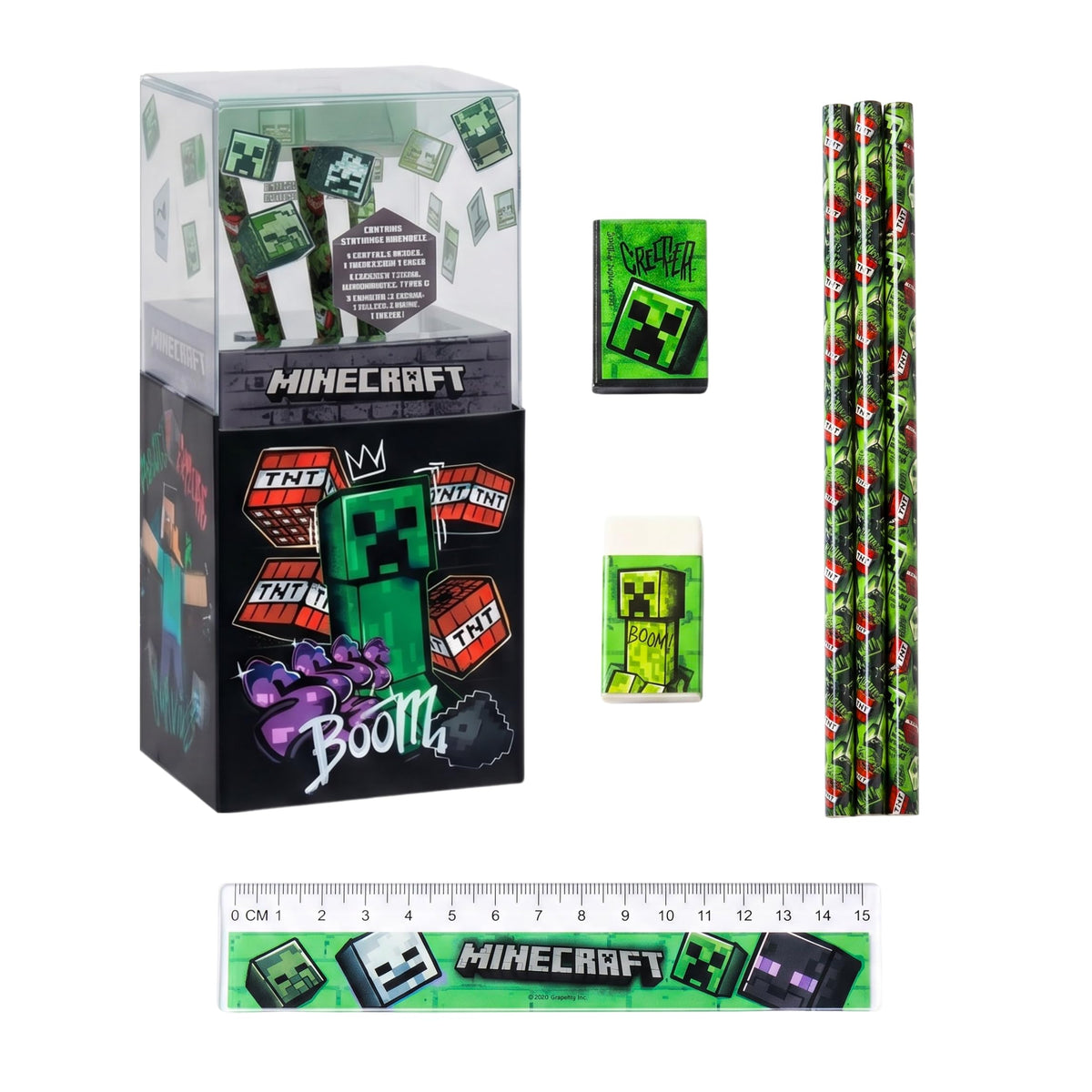 Minecraft Schreibtisch-Organizer für Jungen, Schreibwarenset Inklusive Radiergummi, Lineal, Anspitzer und Bleistiften, Geschenk für Kinder