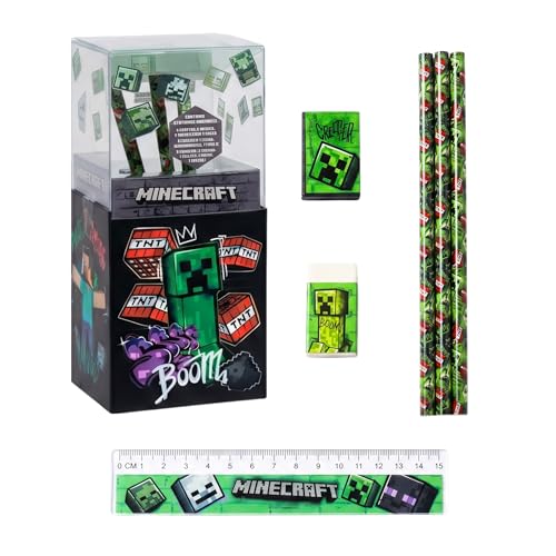 Minecraft Schreibtisch-Organizer für Jungen, Schreibwarenset Inklusive Radiergummi, Lineal, Anspitzer und Bleistiften, Geschenk für Kinder