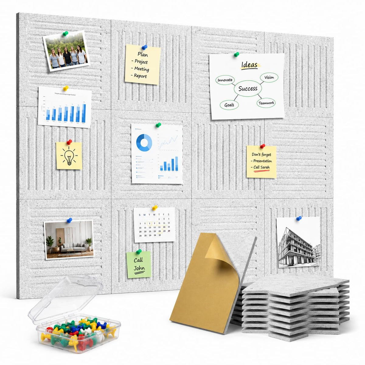 12er-Pack Filz Pinnwand 30x30 cm - 120x90 cm Grau Merktafel für Wand