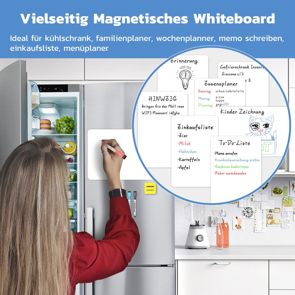 HOMiDEK Magnetisches Whiteboard Kühlschrank Magnettafel - White Board Für Menü Wochenplaner, Einkaufsliste, to do liste - Memotafel Für Büro Schule Zuhause mit 3 Markers und Radierer, 38x58.5cm
