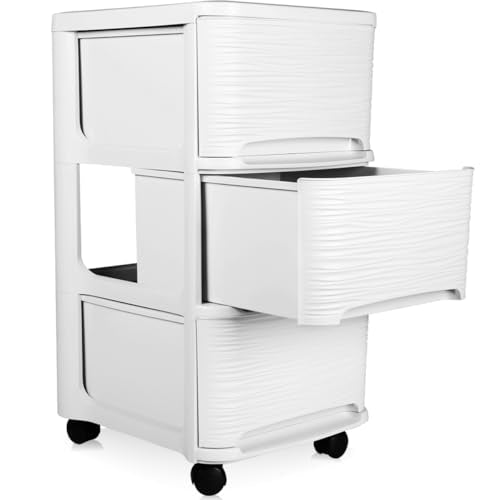 Schubladenschrank mit Rollen Rollcontainer mit 3 Schubladen Rollschrank Kunststoff Rollwagen (Weiß)