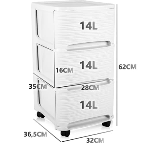 Schubladenschrank mit Rollen Rollcontainer mit 3 Schubladen Rollschrank Kunststoff Rollwagen (Weiß)