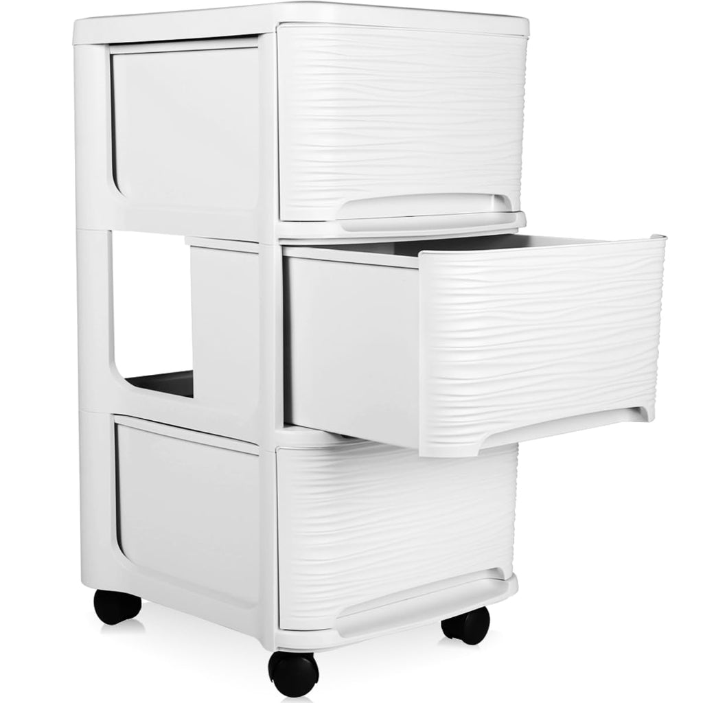 Schubladenschrank mit Rollen Rollcontainer mit 3 Schubladen Rollschrank Kunststoff Rollwagen (Weiß)