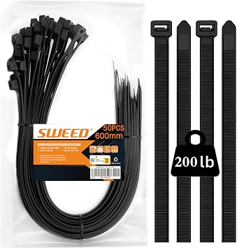 SWEED 50 Stück 600mm Kabelbinder Schwarz lang, Zip Kabelbinde Groß UV Beständig, Schwarz Kabelbinde Mit 90Kg Zugfestigkeit, Kann im Innen- und Außenbereich Verwendet