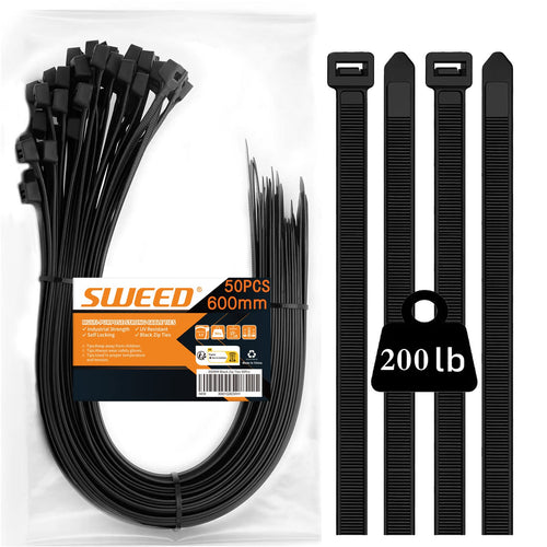 SWEED 50 Stück 600mm Kabelbinder Schwarz lang, Zip Kabelbinde Groß UV Beständig, Schwarz Kabelbinde Mit 90Kg Zugfestigkeit, Kann im Innen- und Außenbereich Verwendet