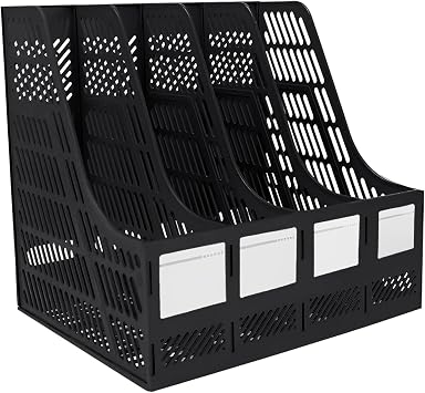 A4 Zeitschriftensammler, 4 vertikale Fächer, Bücherregal, Dokumentenmappe, Ordner, Trennwand, Schreibtisch-Organizer, Papierbox für Büro, Zuhause, Organisation und Aufbewahrung, Schwarz